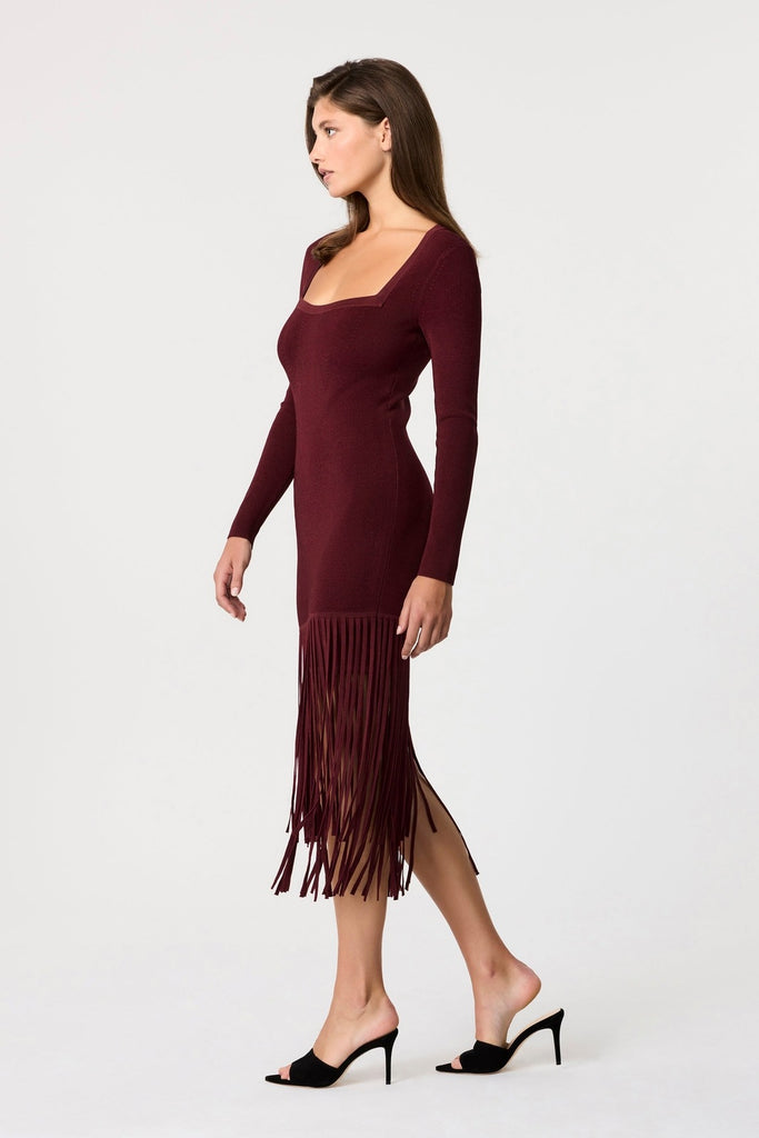 Mila Fringe Knit Midi Dress - Burgundy