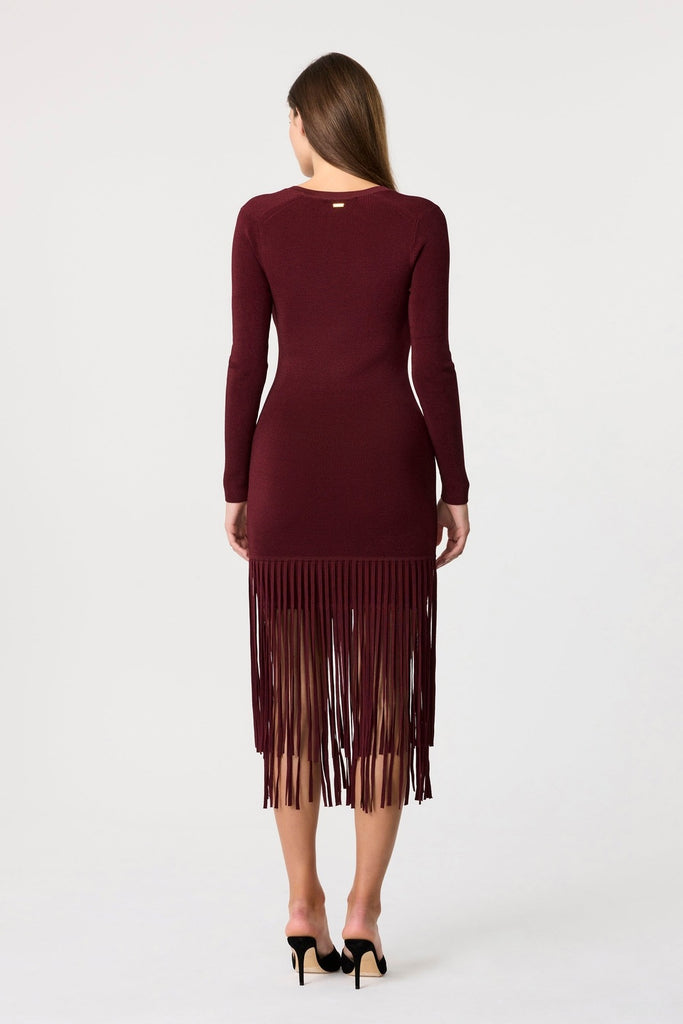 Mila Fringe Knit Midi Dress - Burgundy