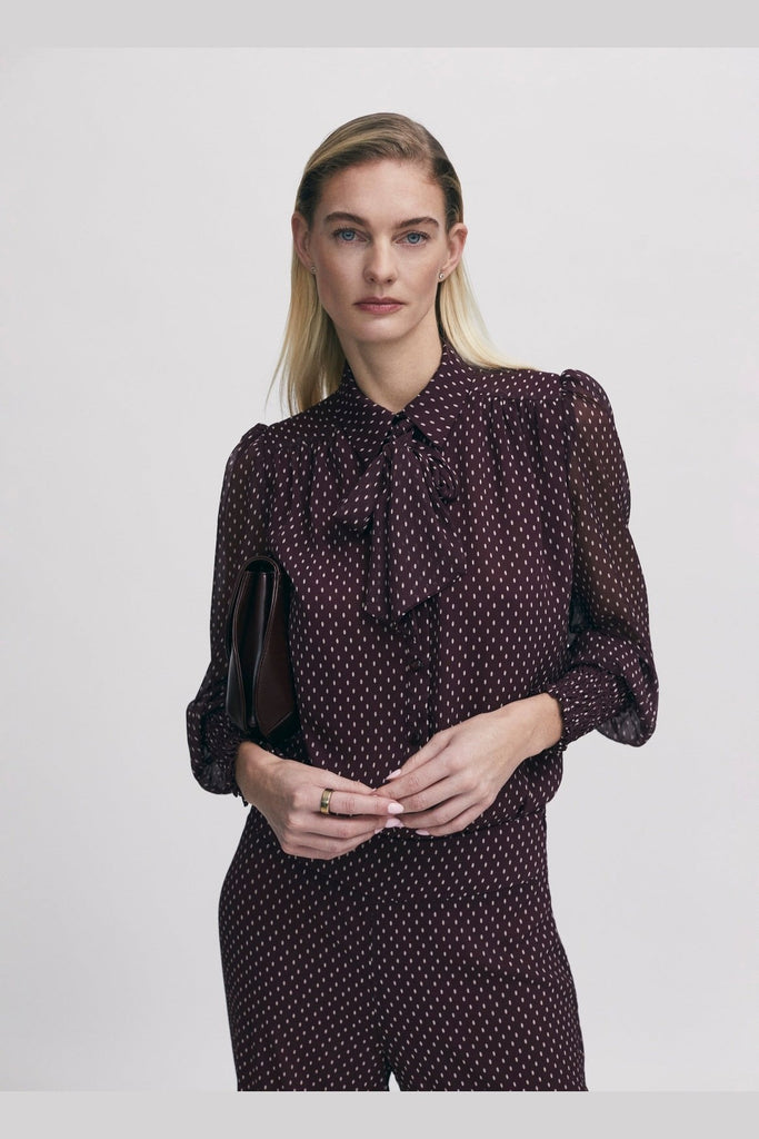 Printed blouse with cuff shirring detail and tie