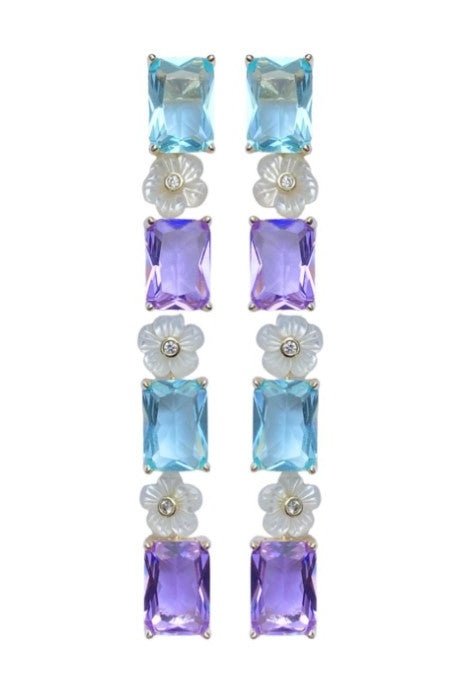 Mini Paris Blue & Lilac Mother of Pearl Flower Linear Earrings