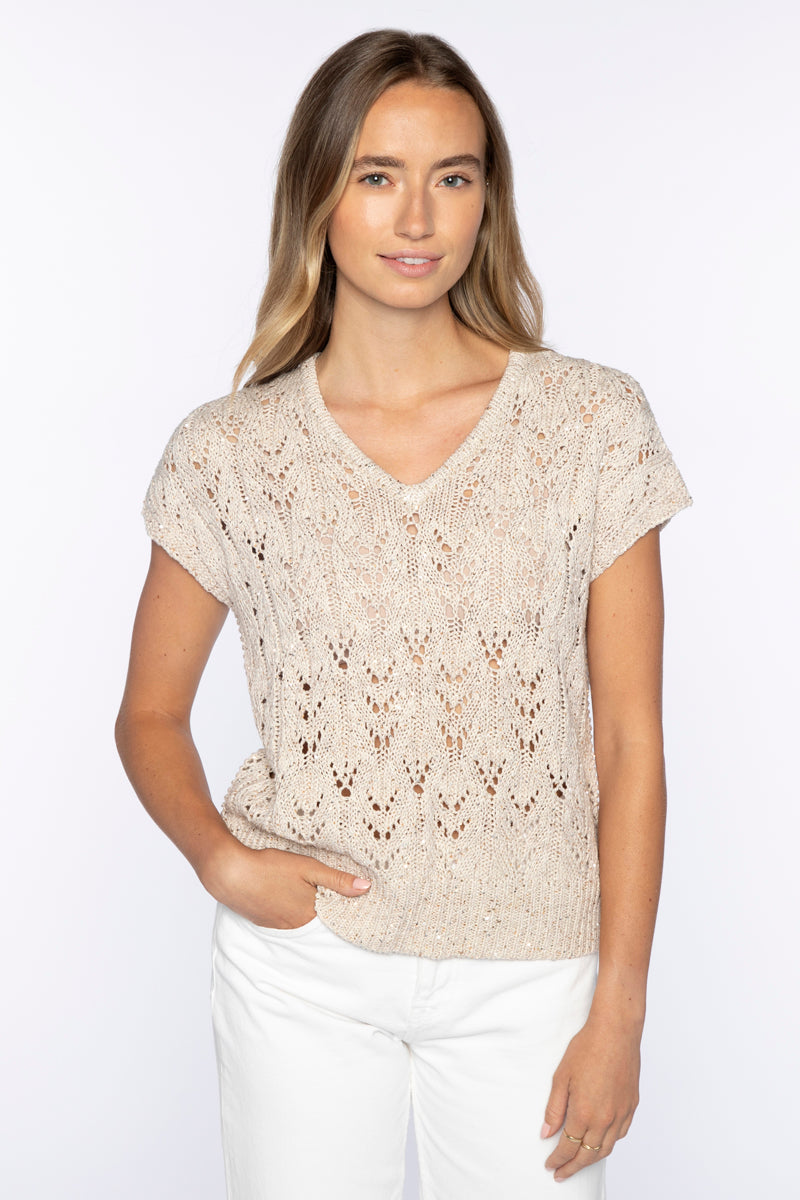 Sequin Cap Sleeve Openwork Vee - Straw