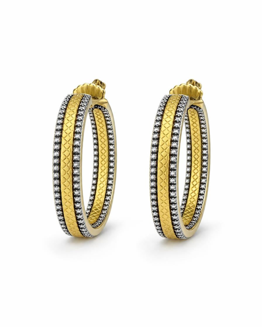 Basket Weave CZ Hoop Earrings - Gold & Black