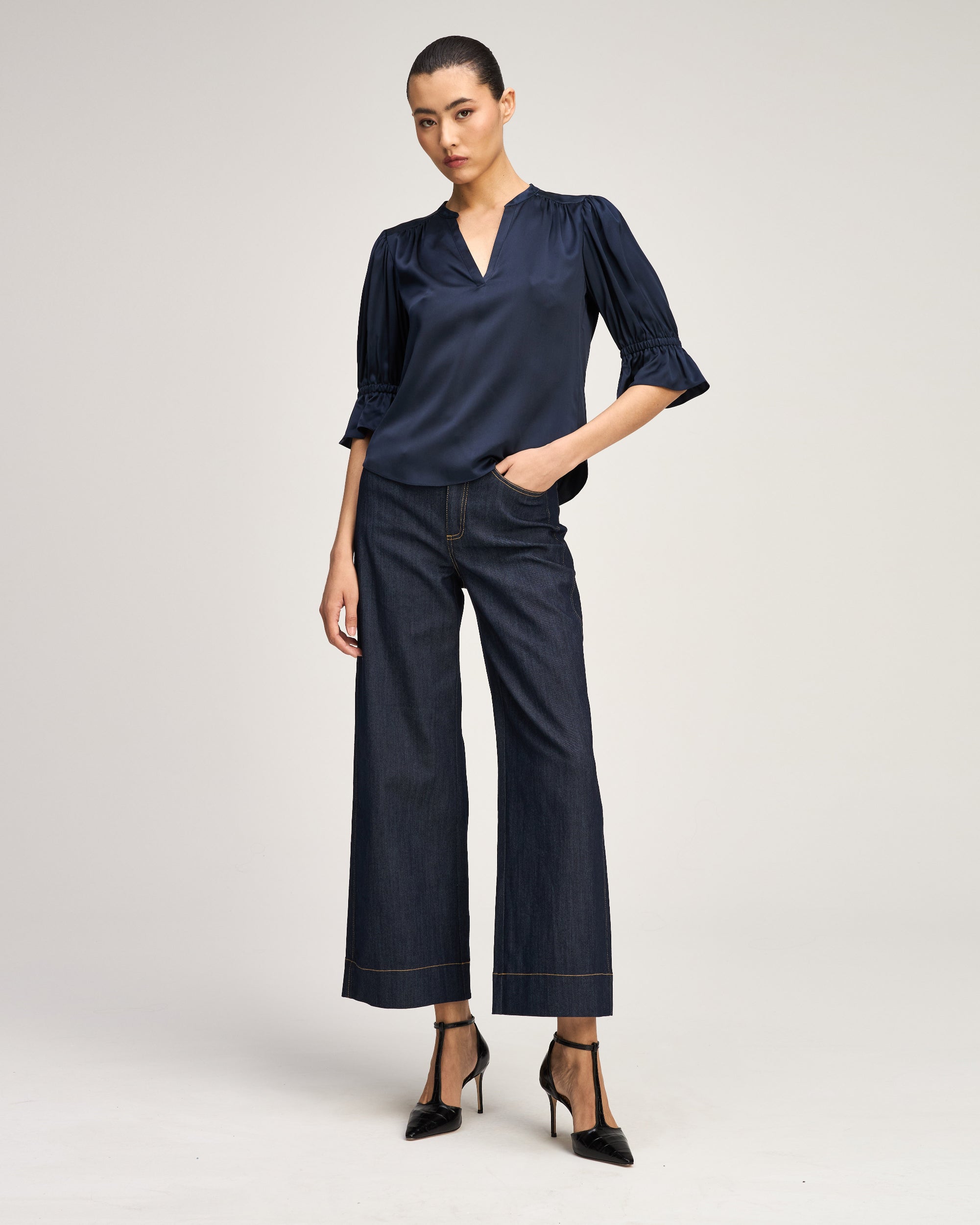 Split Neck Fiona Top - Navy