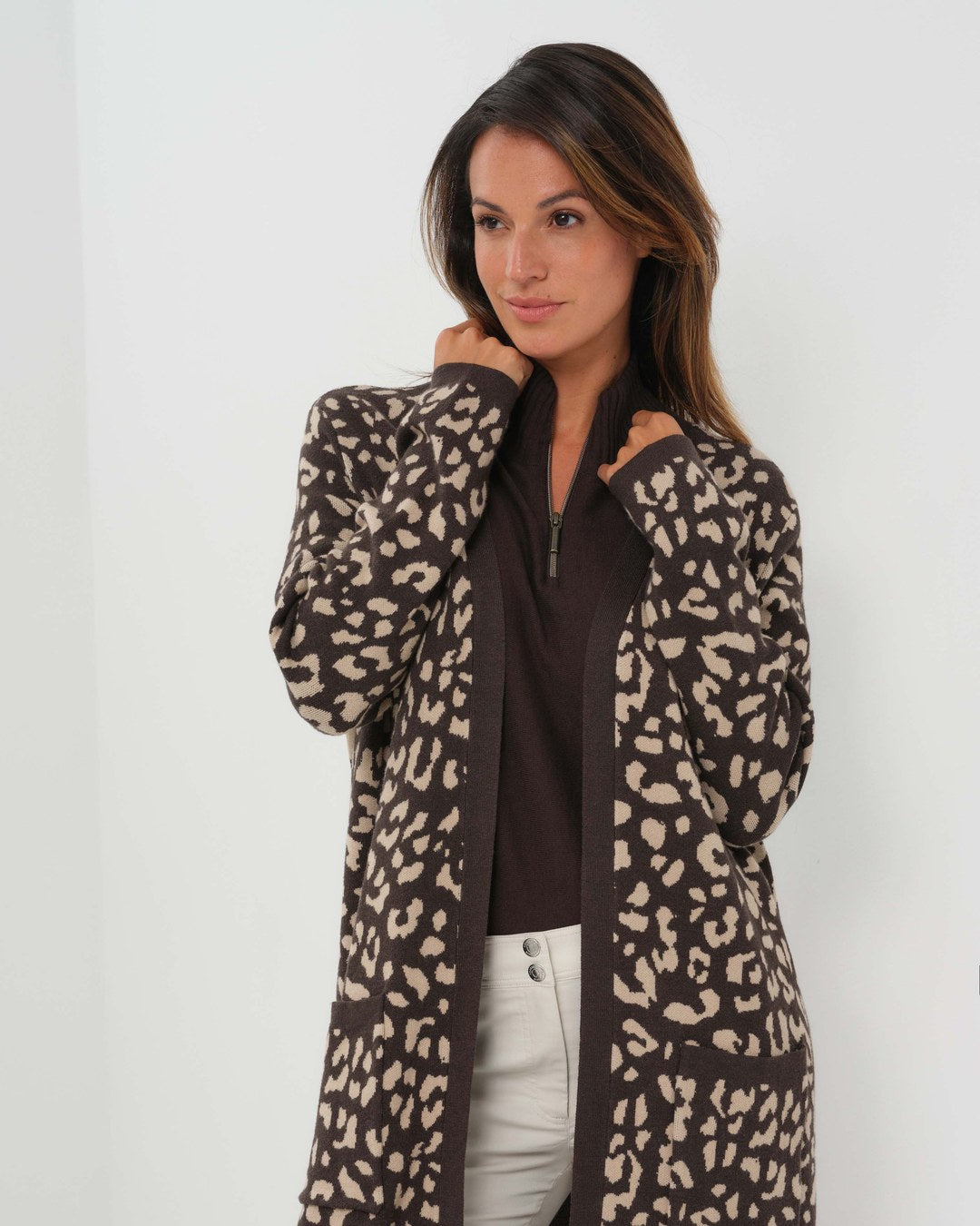 Anatomie Zendaya long duster cardigan in an animal jacquard knit