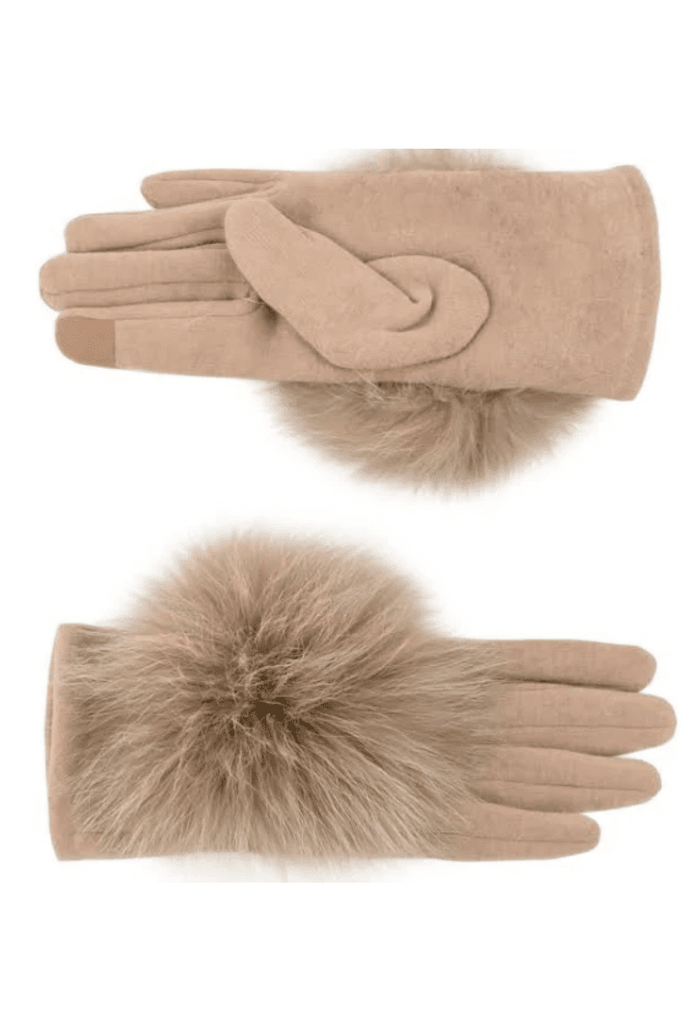 Beige Knit Fox Trim Gloves