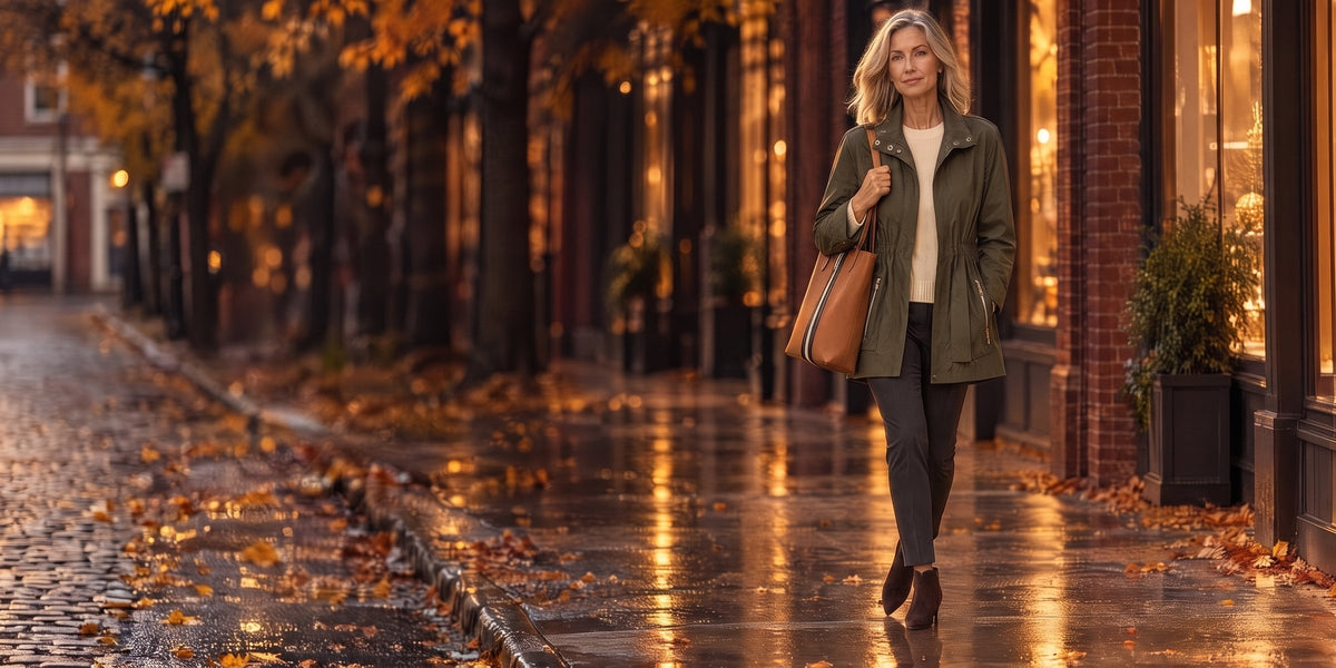 A woman in an olive rain jacket walks down a wet autumn street carrying a camel tote.