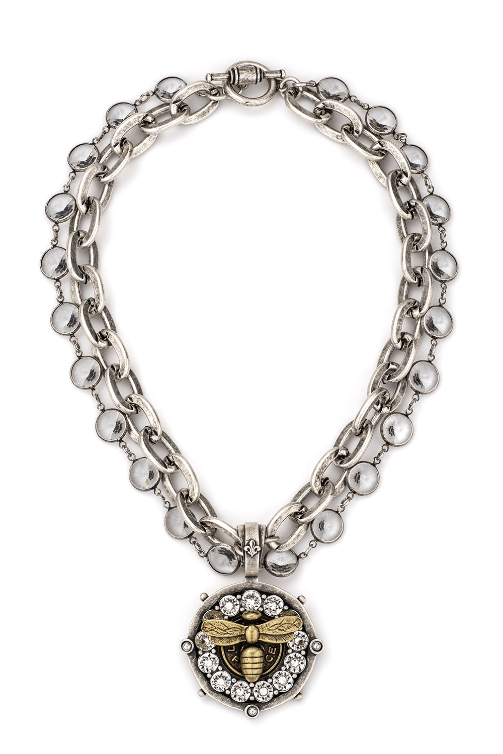 French Kande 2-Strand Austrian Crystal and Chain Necklace with Miel Medallion