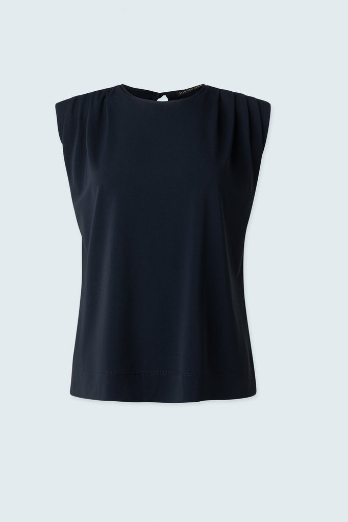 Sleeveless crewneck with shoulder pads and pleated details